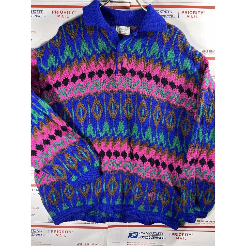 Vintage Benetton 100% Shetland Wool‎ Pullover Sweater Multicolor MADE IN ITALY